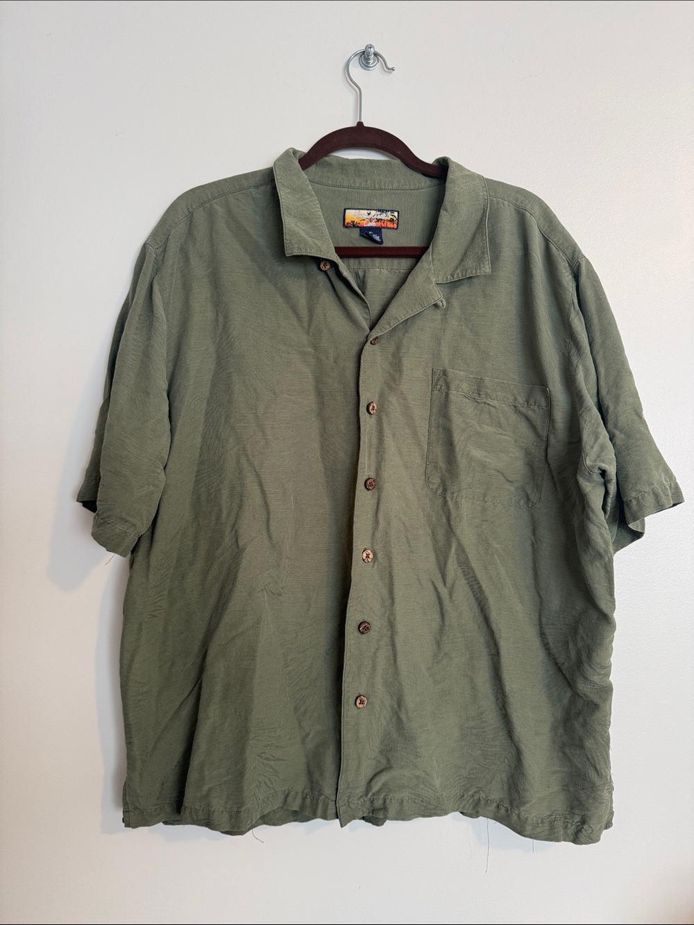 Men's Havana Jack’s Cafe 100% Silk Olive Green Short-Sleeve Button-Up Shirt